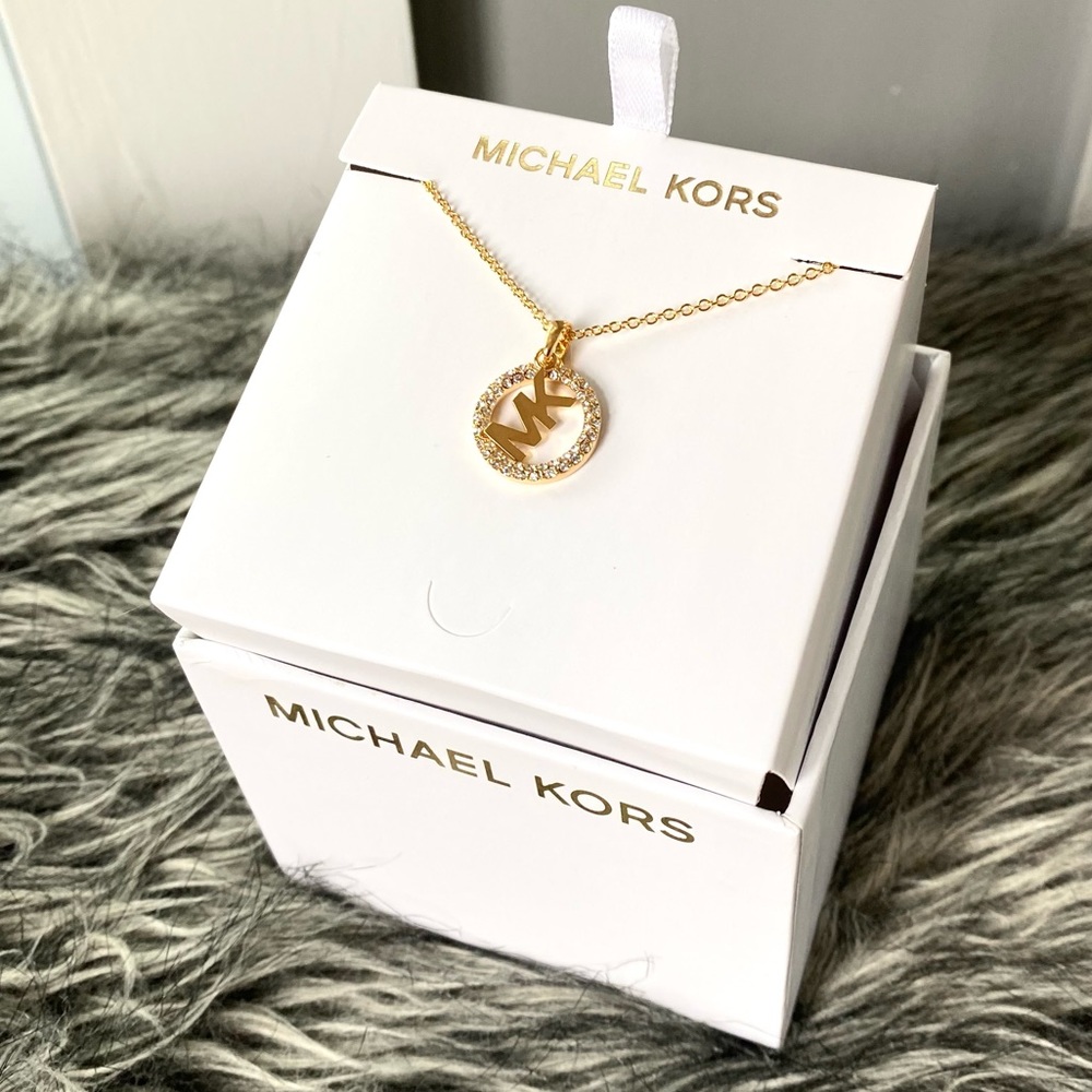NWT authentic MK gold tone pave logo pendant